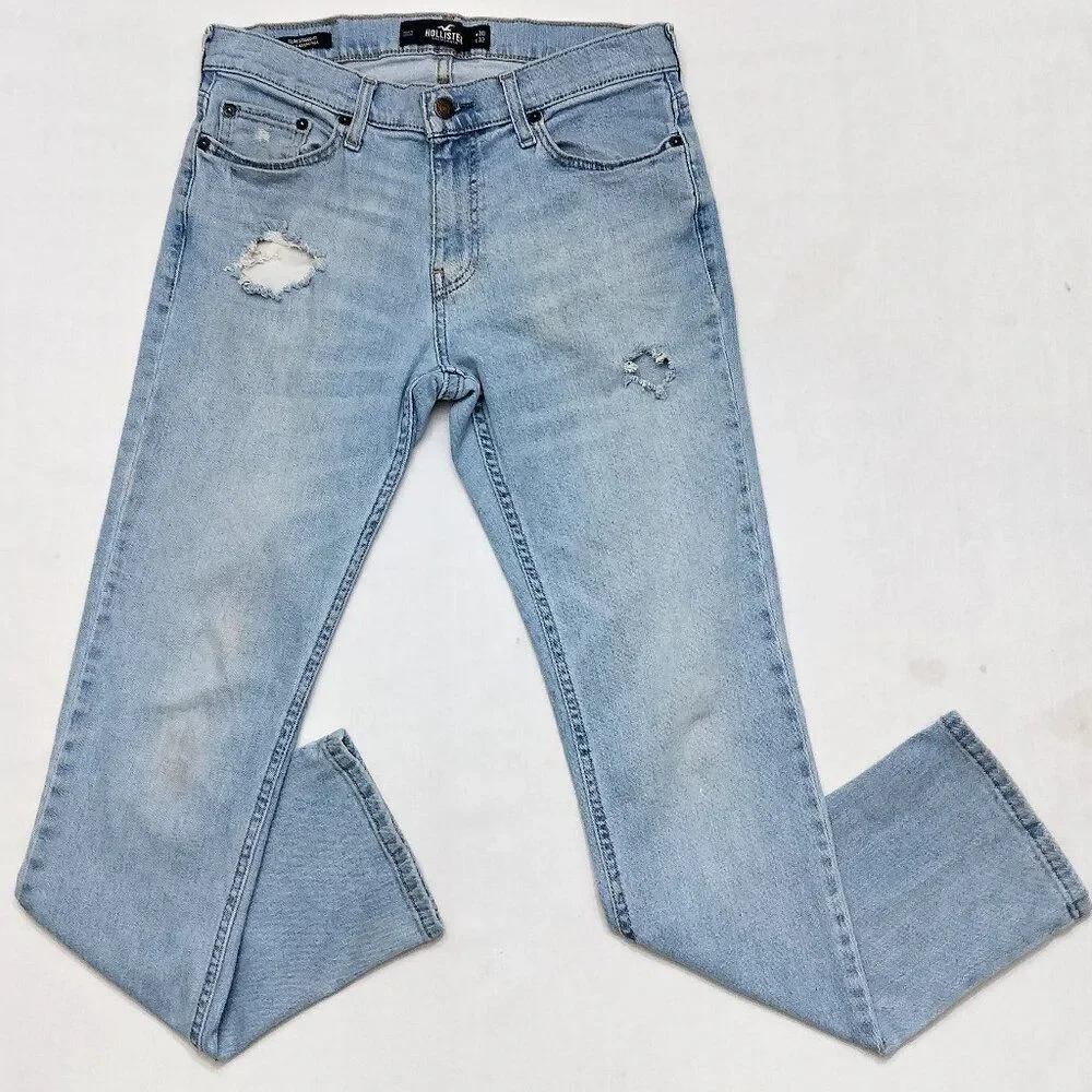 HOLLISTER Distressed Jeans Slim Straight Epic Flex Light Wash Denim Mens 30 x 32